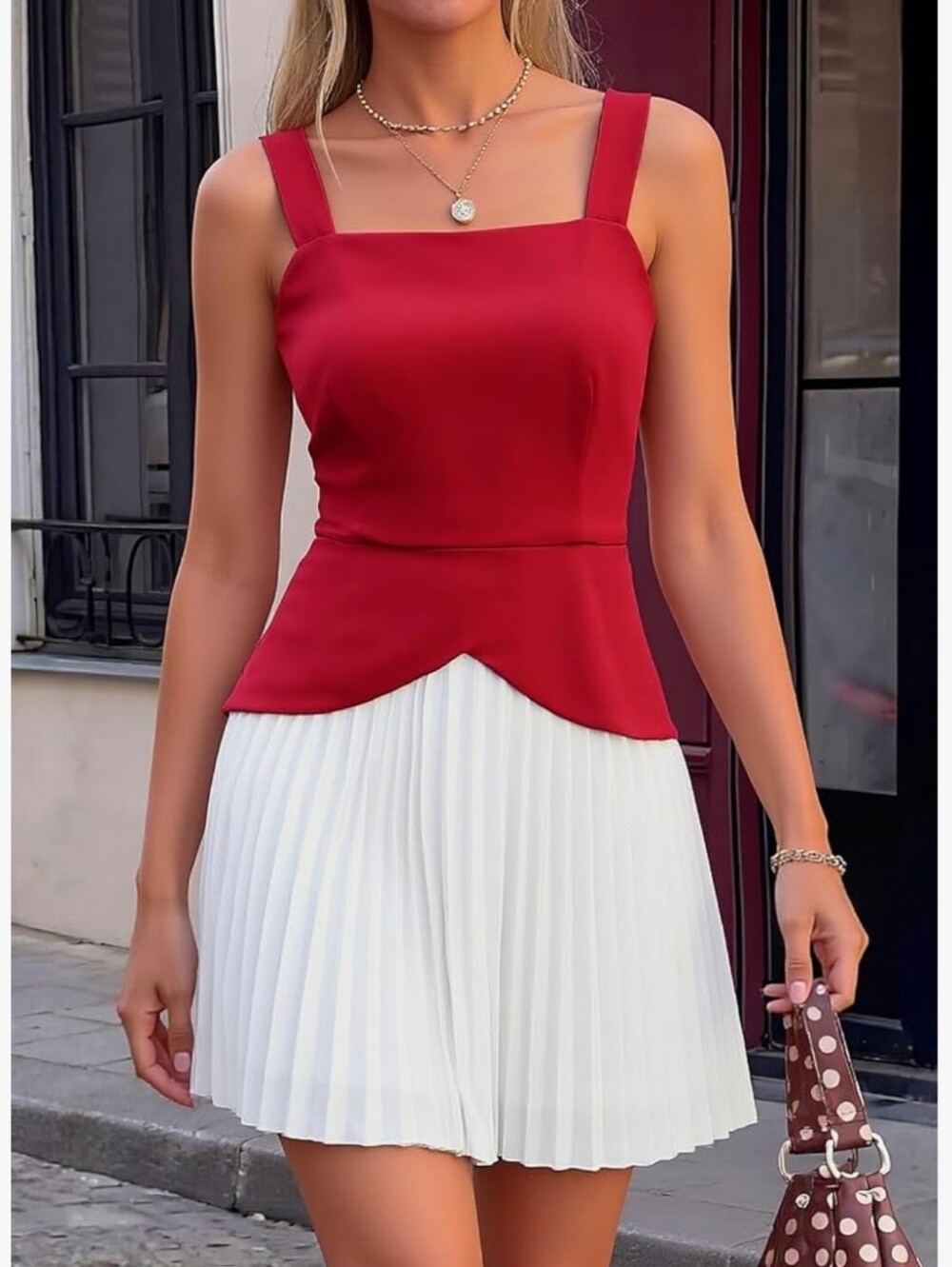 NWT Angashion Square Neck Colorblock Pleated A-Line Mini Dress Red White Medium